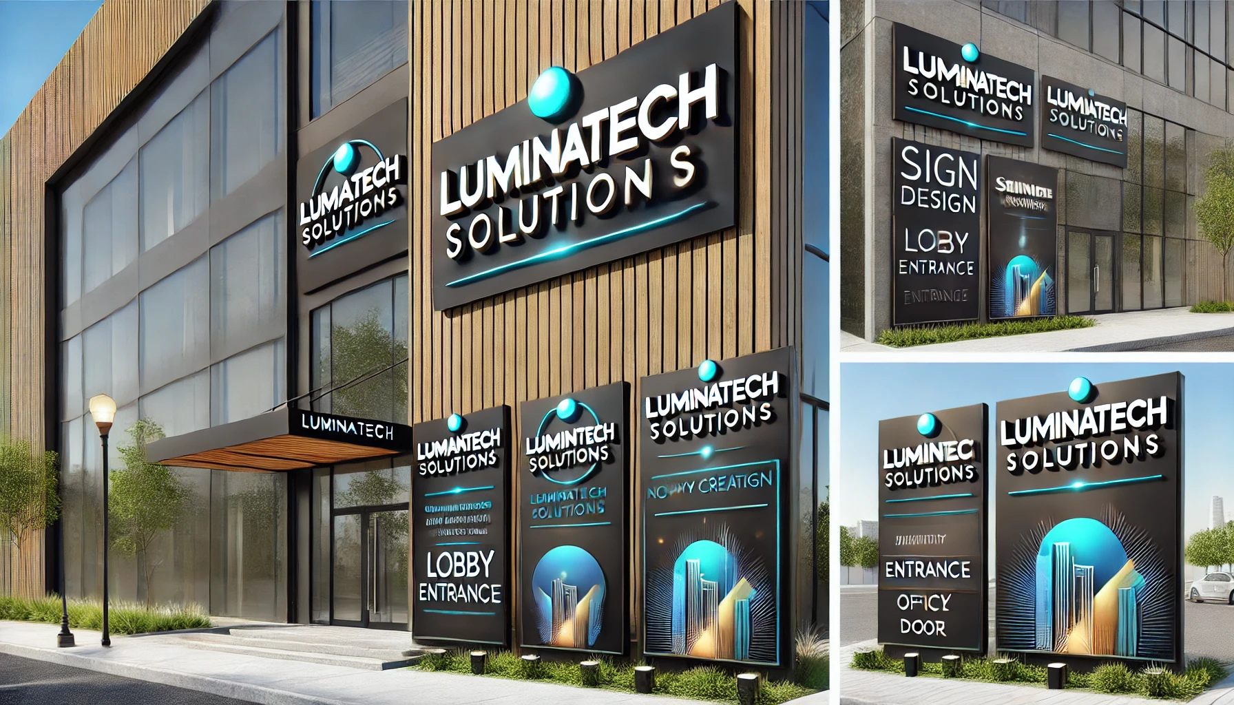 Sign design portfolio showcasing a variety of signage for a fictitious company, including storefront signs, directional signs, and promotional banners, demonstrating clear and attractive visual communication.