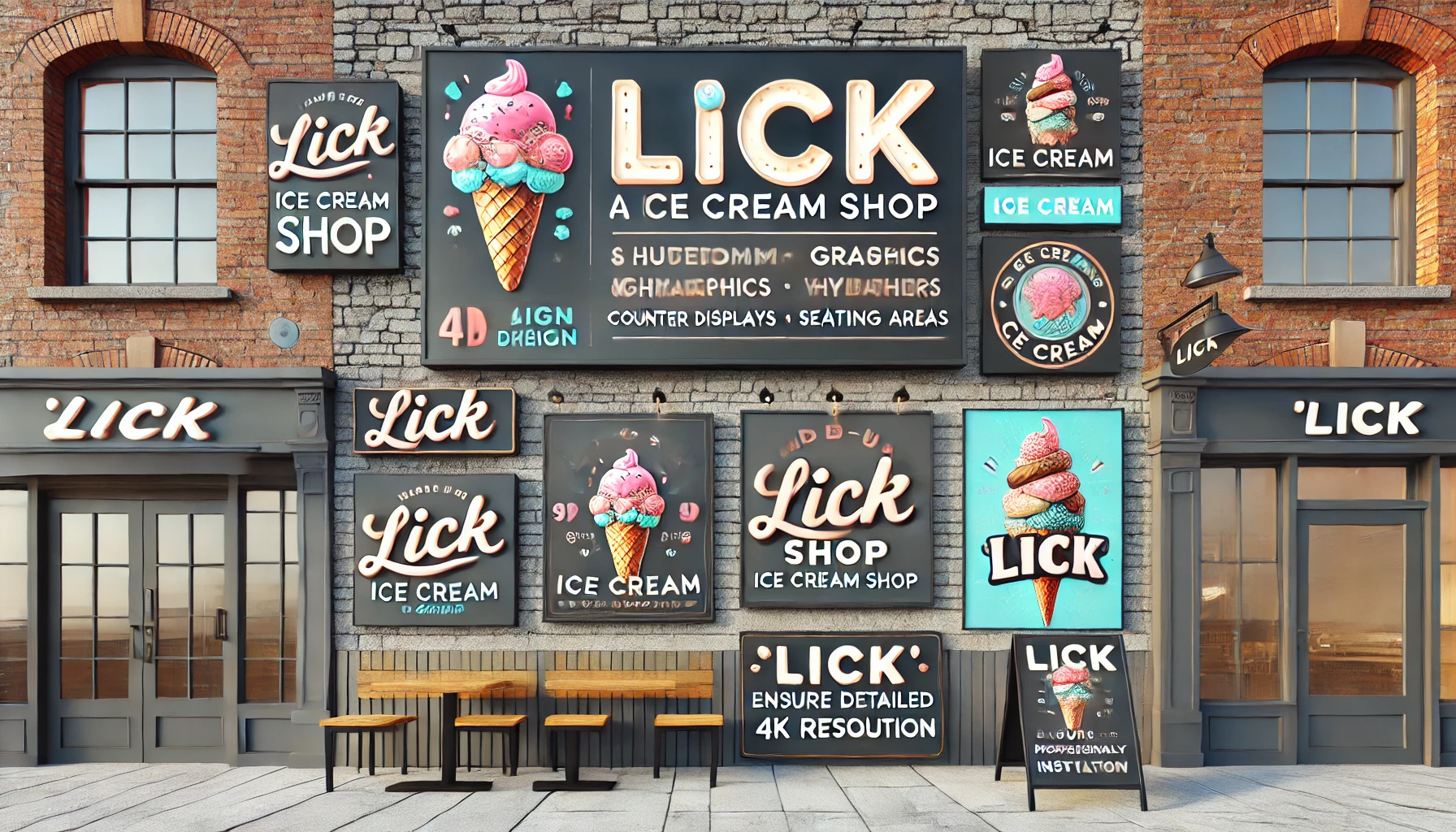 Sign design portfolio showcasing a variety of signage for a fictitious company, including storefront signs, directional signs, and promotional banners, demonstrating clear and attractive visual communication.
