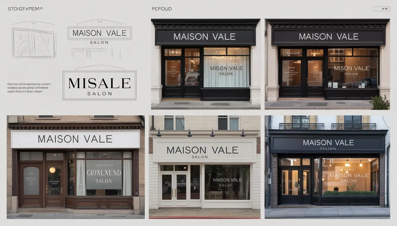 Sign design portfolio showcasing a variety of signage for a fictitious company, including storefront signs, directional signs, and promotional banners, demonstrating clear and attractive visual communication.