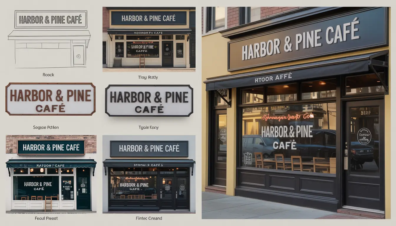 Sign design portfolio showcasing a variety of signage for a fictitious company, including storefront signs, directional signs, and promotional banners, demonstrating clear and attractive visual communication.