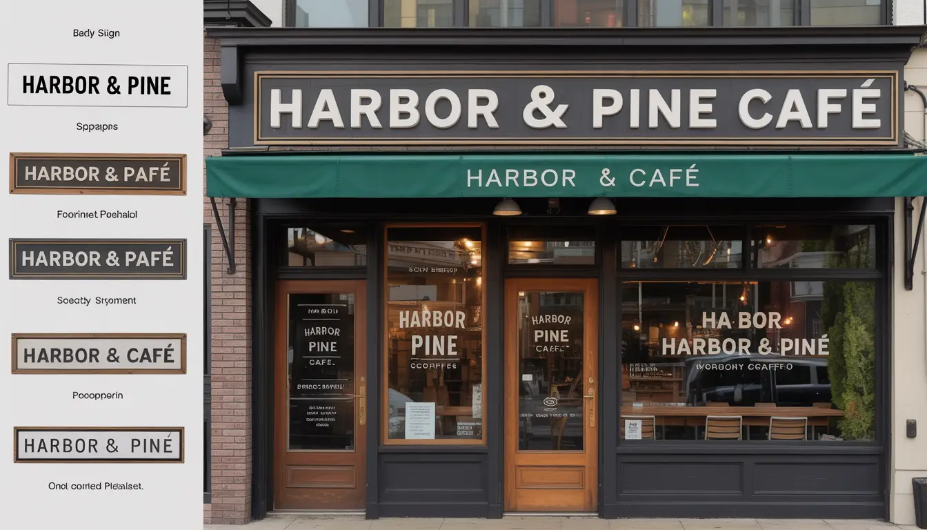 Sign design portfolio showcasing a variety of signage for a fictitious company, including storefront signs, directional signs, and promotional banners, demonstrating clear and attractive visual communication.