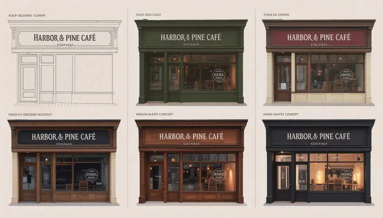 Sign design portfolio showcasing a variety of signage for a fictitious company, including storefront signs, directional signs, and promotional banners, demonstrating clear and attractive visual communication.