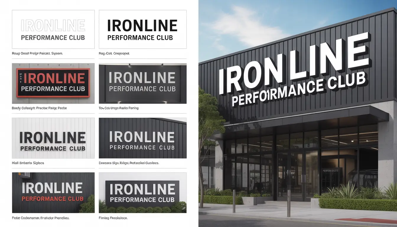 Sign design portfolio showcasing a variety of signage for a fictitious company, including storefront signs, directional signs, and promotional banners, demonstrating clear and attractive visual communication.
