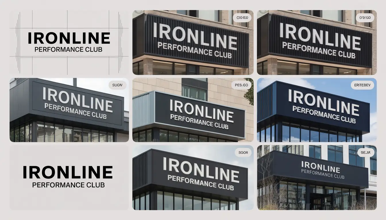 Sign design portfolio showcasing a variety of signage for a fictitious company, including storefront signs, directional signs, and promotional banners, demonstrating clear and attractive visual communication.