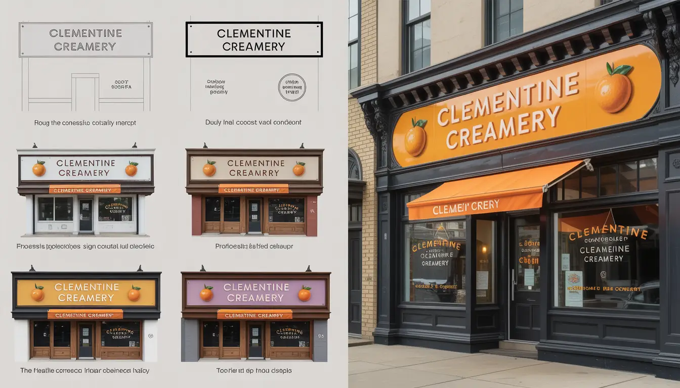 Sign design portfolio showcasing a variety of signage for a fictitious company, including storefront signs, directional signs, and promotional banners, demonstrating clear and attractive visual communication.