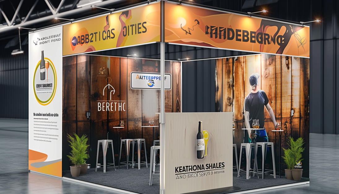 Tradeshow display design portfolio showcasing an eye-catching and branded booth for a fictitious company, highlighting effective use of space, graphics, and promotional materials.