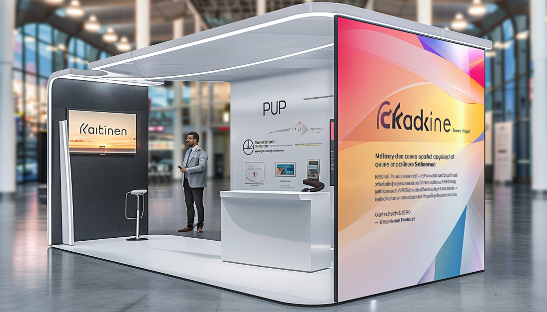Tradeshow display design portfolio showcasing an eye-catching and branded booth for a fictitious company, highlighting effective use of space, graphics, and promotional materials.
