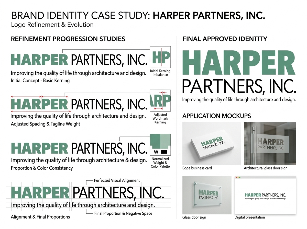 Harper Partners logo design board showing brand identity concepts and stationery mockups