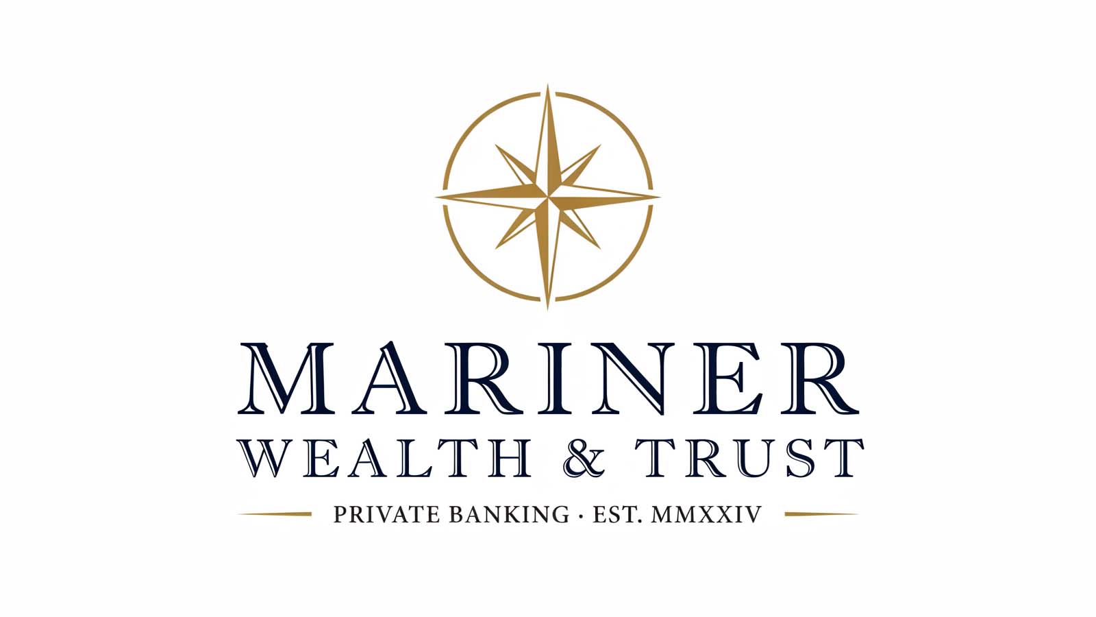 Elegant logo design with gold compass-style icon and navy typography