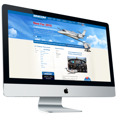 Aviation training website design project for SIMCOM displayed on desktop monitor